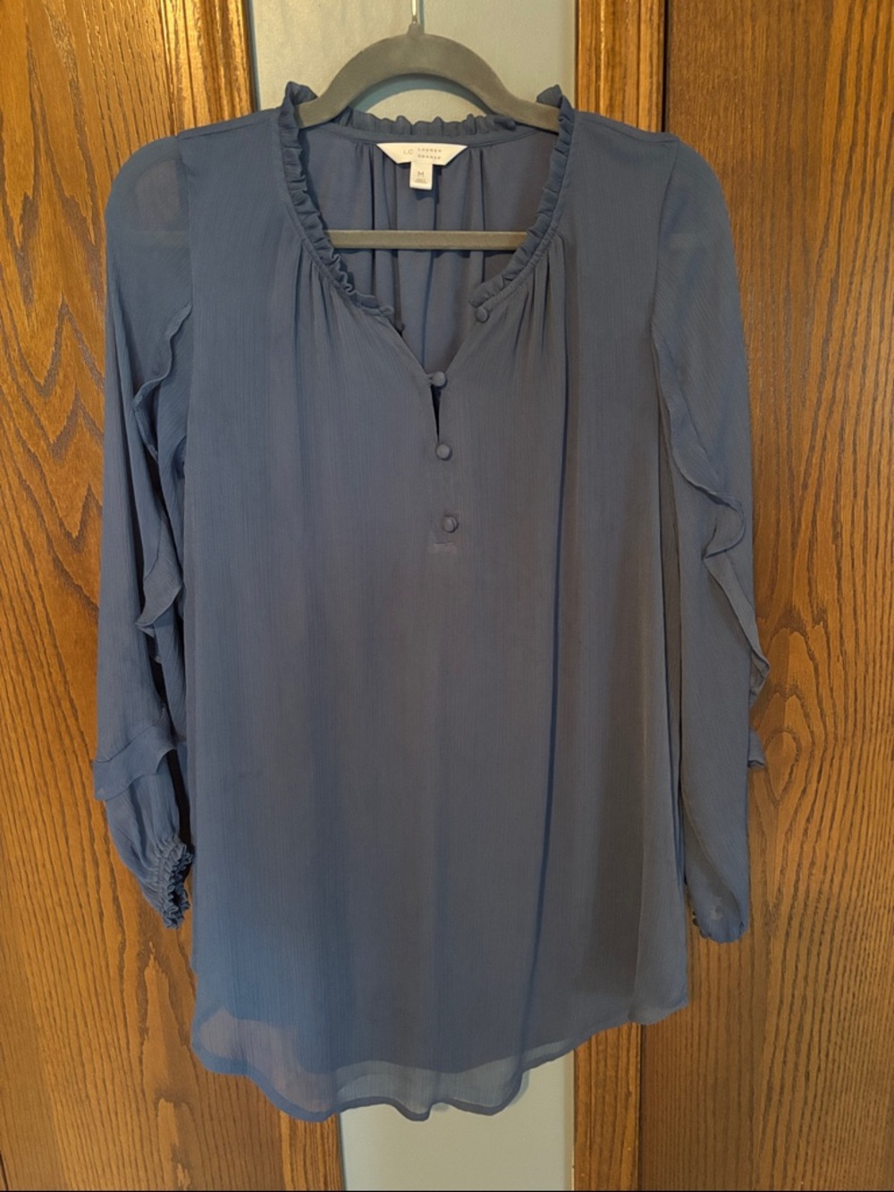 LC Lauren Conrad Dusty Blue Ruffle Henley Blouse